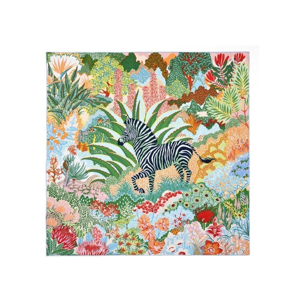 Colorful Zebra & Botanical Print Mulberry Silk Scarf by Carolina Lemke in box 08